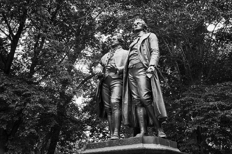 This bronze statue of German philosophers and writers Johann Wolfgang von Goethe and Friedrich Schiller, a replica of the original that was erected in Weimar in 1847, dedicated in Wade Park in 1907 and moved to the German Cultural Garden in 1929.